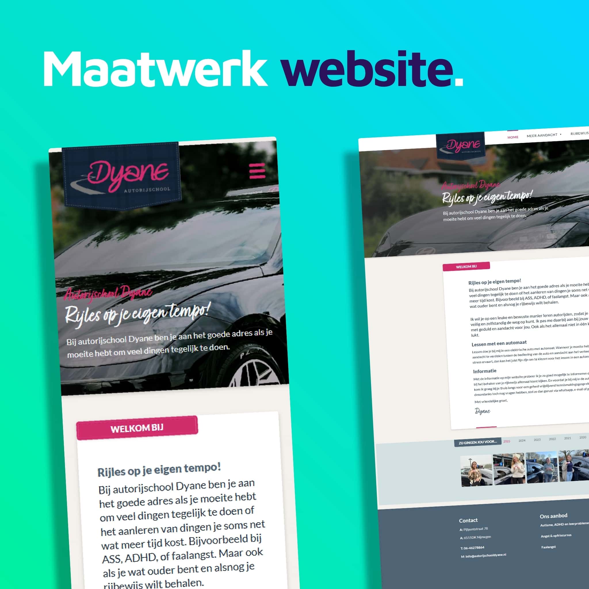 Foto als onderdeel van de portfolio presentatie. Op deze slide zijn enkele screenshots van de website van Autorijschool Dyane uit Nijmegen te zien.