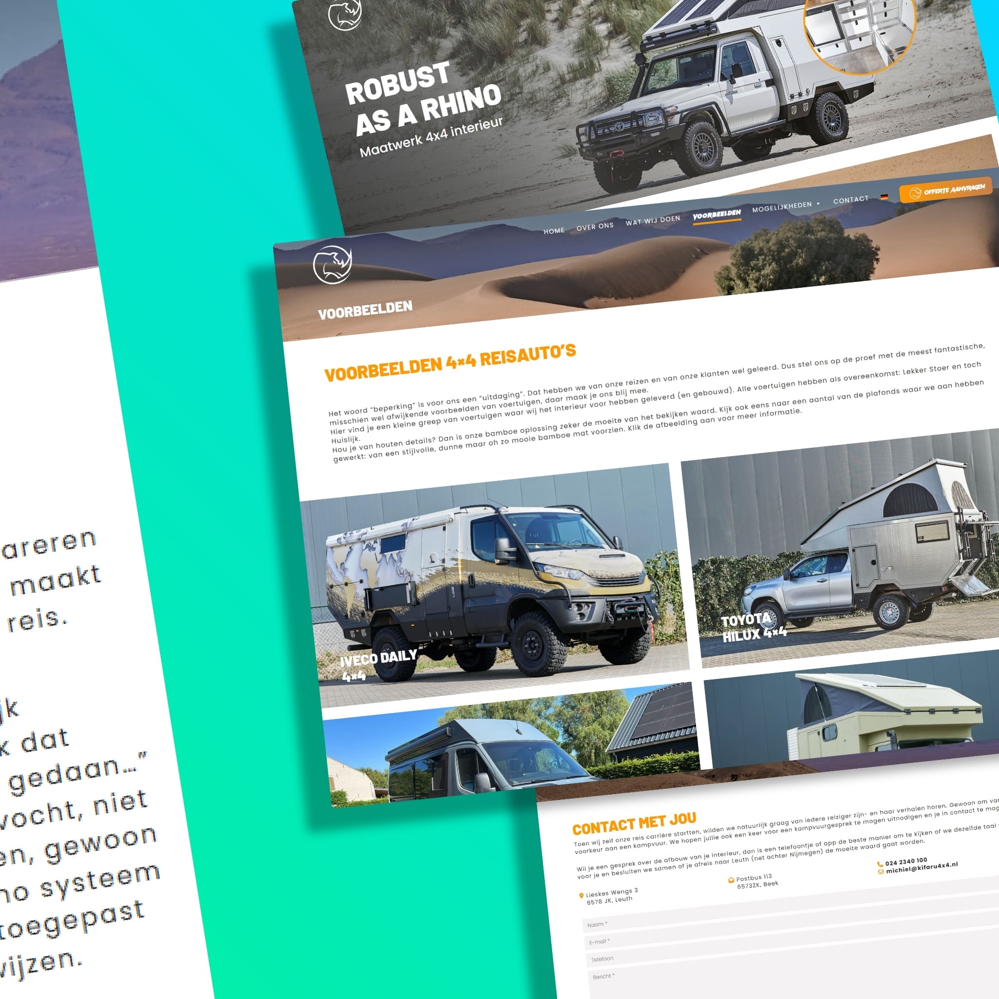 Foto als onderdeel van de portfolio presentatie. Op deze slide zijn enkele screenshots van de website van Kifaru 4x4 te zien.
